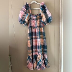 Vineyard Vines Plaid Smocked Puff-Sleeve Linen Midi Dress Size Large